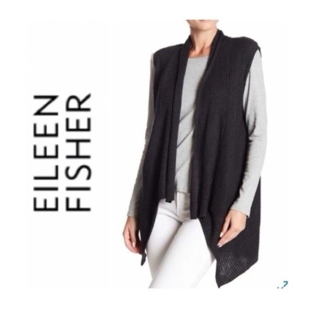 Eileen Fisher Shaw Collar Vest Size Med  Merino Wool Ribbed lagenlook career